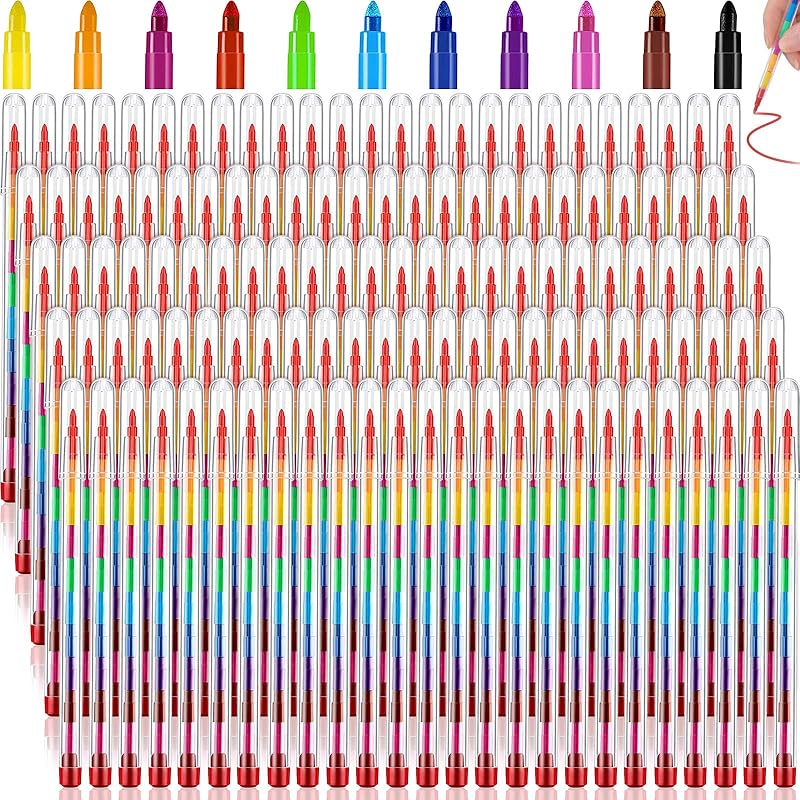 Teling 140 Pieces Stackable Crayons Pencils Party Favors for Kids Preschool 11 Interchangeable Colors Mini Rainbow Crayons Pens Bulk Colorful Stacker
