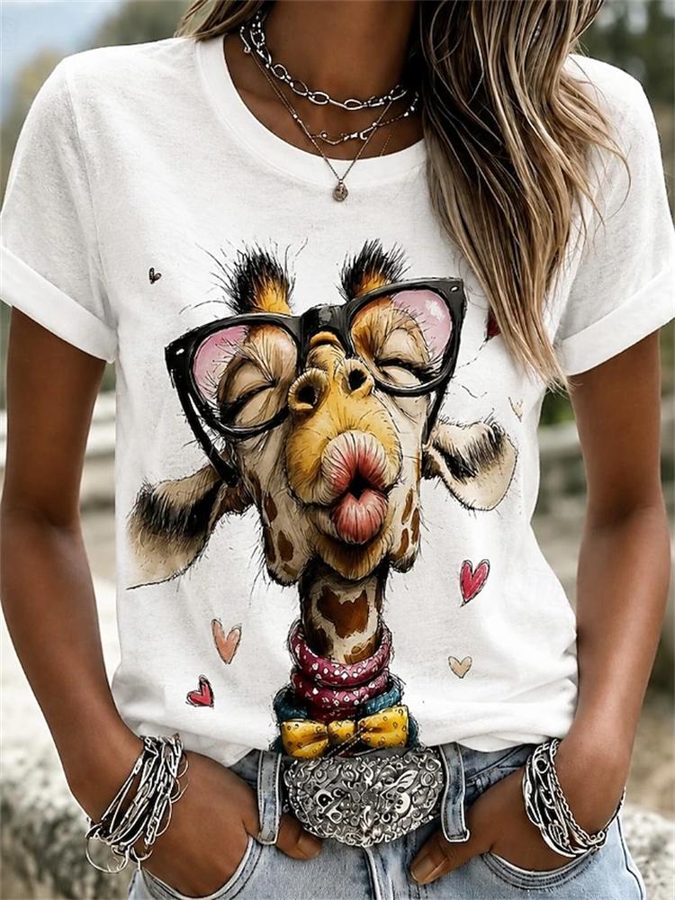 Women's Simple Crew-Neck T-Shirt with 3D Cat Print Fashionable Short-Sleeve Trendy Streetwear-Style Women's Loose-Fit Top