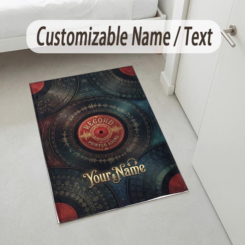 Vinyl Records Theme Soft Crystal Velvet Rug Custom Name & Text Print Non Slip Floor Rug for Bedroom Living Room