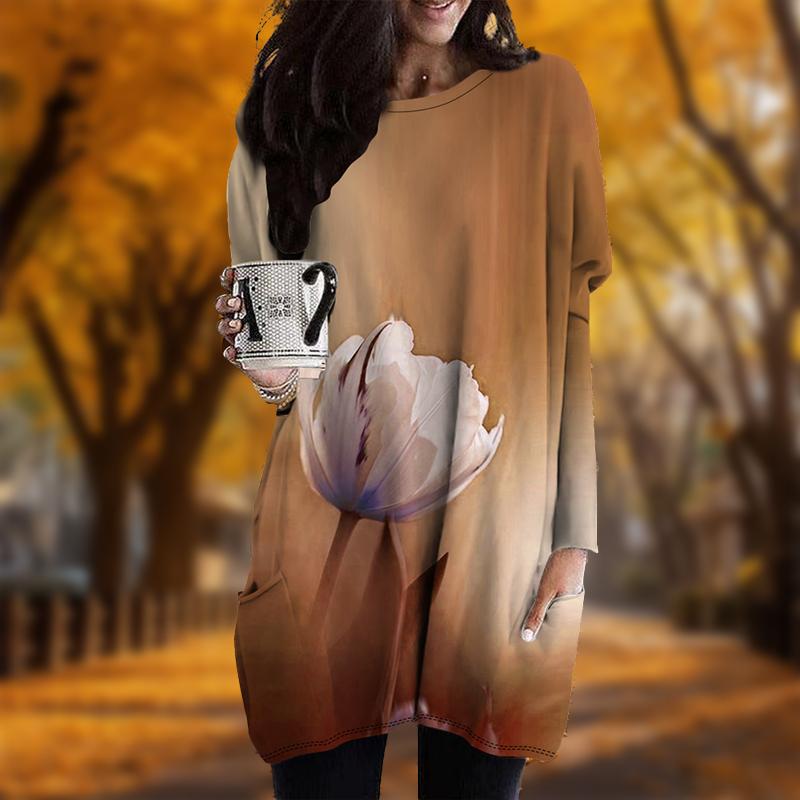 Новинка осени. Платье больших размеров с принтом свежей лилии. Женское повседневное платье с круглым вырезом и длинными рукавами. Платья с карманами.