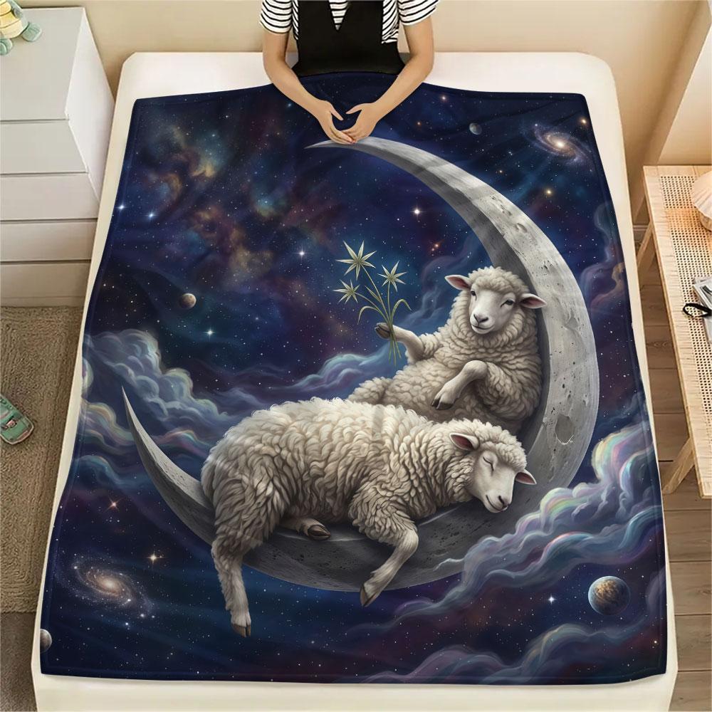 1PC Giraffe Moon Night New Patterned Flannel Blanket High quality All Seasons for Lunch Break Warmth and Comfort Halloween Gifts Ideal Gift