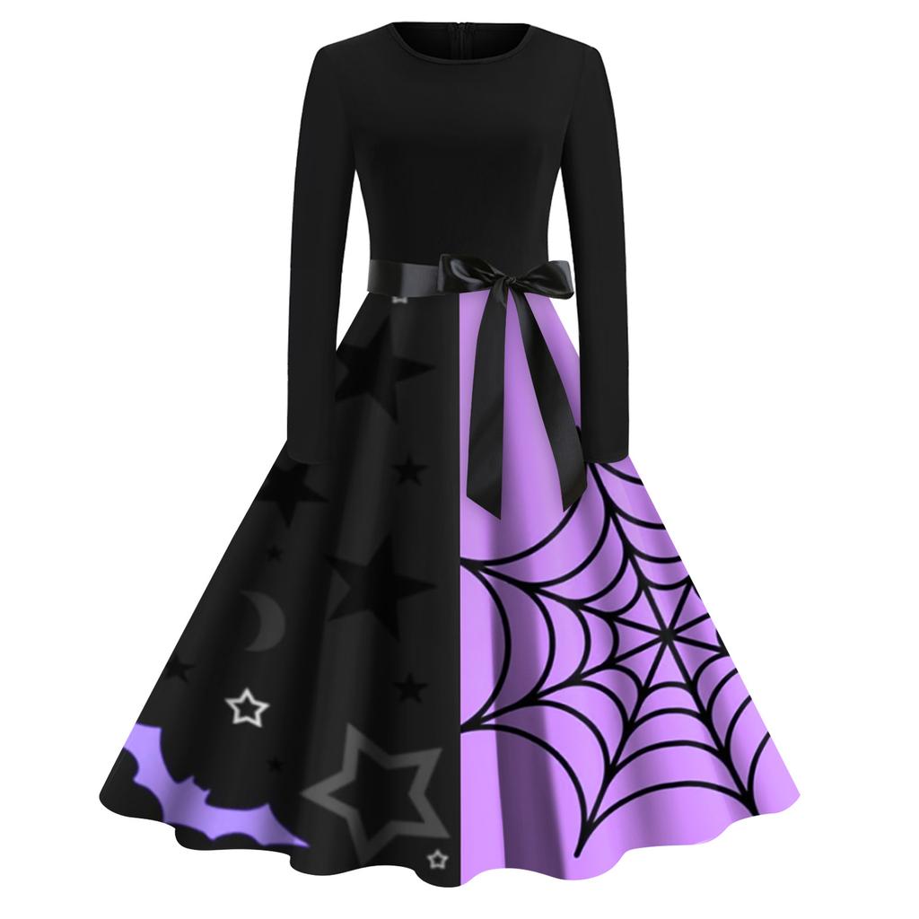 Женское платье с расклешенным принтом на Хэллоуин с длинным рукавом и круглым вырезом, вечерние повседневные платья