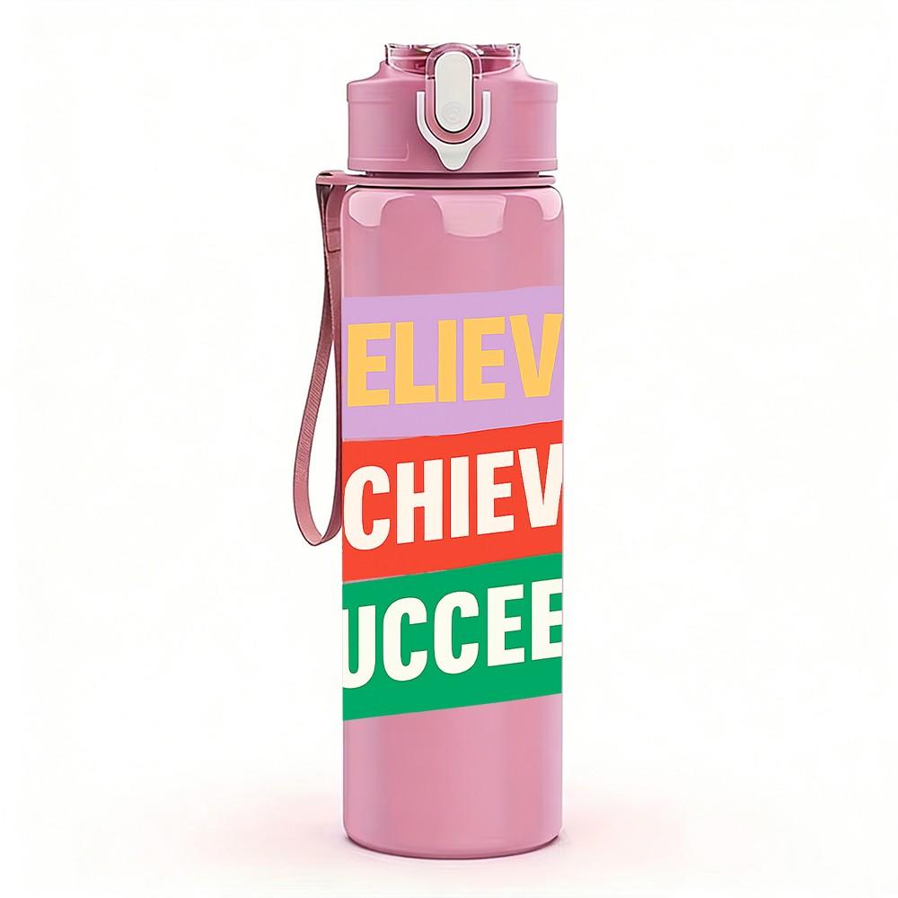 1PC Believe Achieve Succeed Text Pattern 750ml Color Plastic Sports Water Bottle Leakproof Flip Straw Lid Suitable for Sports Office Home Use