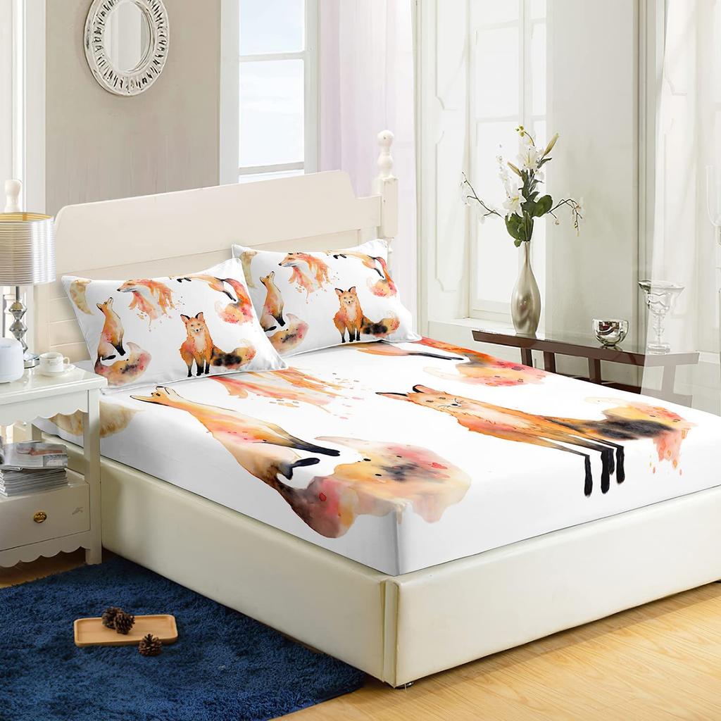 Животный узор лисы Шапка на кровать из трех частей Цифровая печать Постельное белье Шапка на кровать Набор из трех частей Дети и взрослые