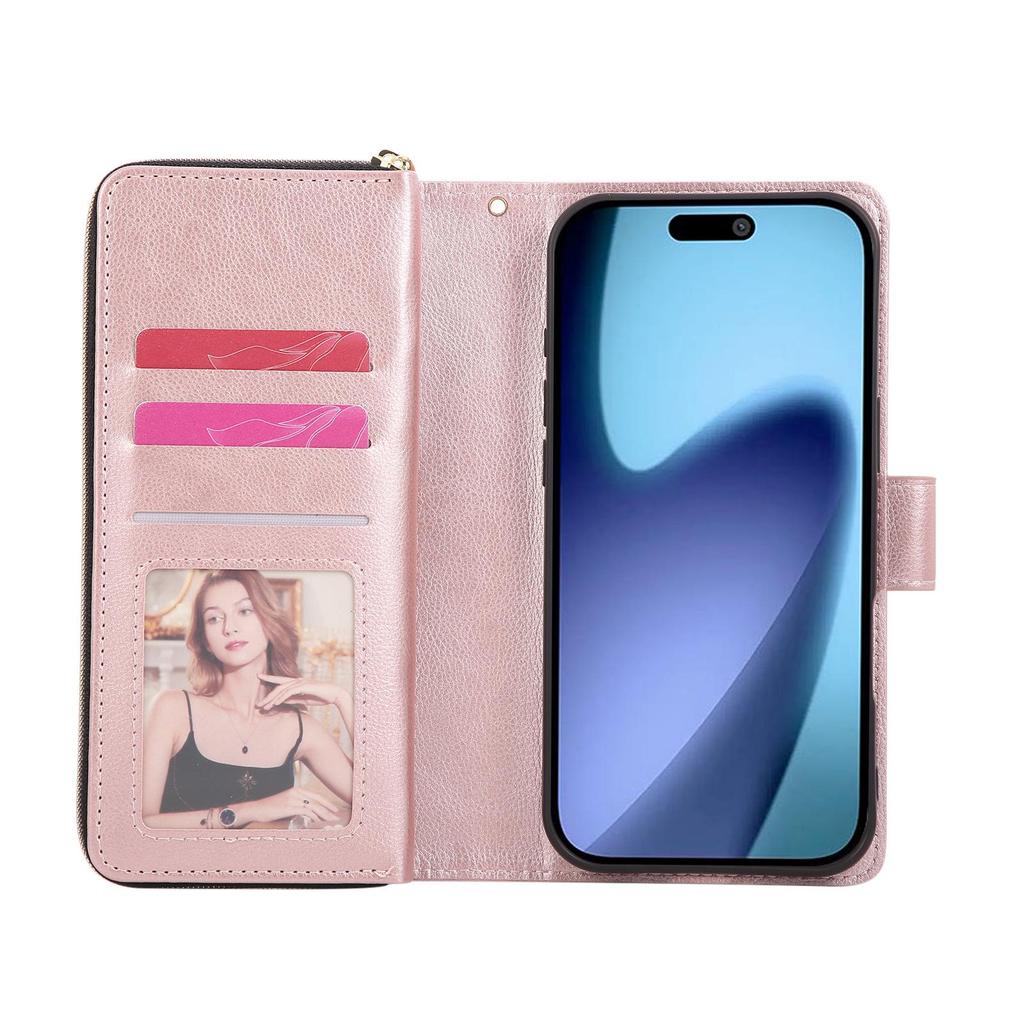 Защитный кожаный чехол-бумажник на 9 карт с молнией Apple 17 Pro Max для iPhone Air/16E