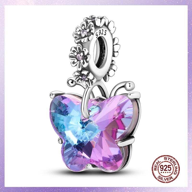 Фиолетовые Шармы Медный Fit Оригинальный Подвесной Браслет Бабочка Стекло Сердце Перо Клип Шарм Подвеска Светящаяся Бусина DIY Ювелирные Изделия