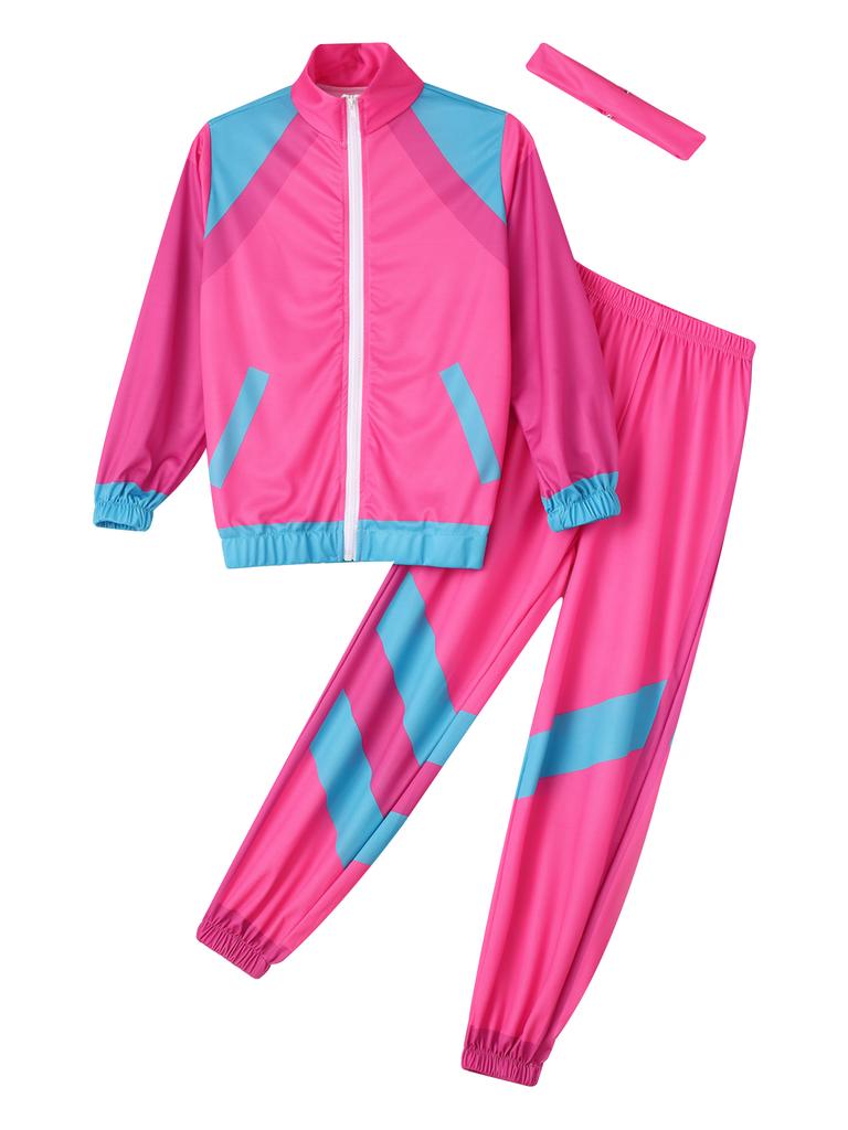 Kids 80s Retro Disco Costume Colorblock Top Pants Headband Set Hip Hop Dance