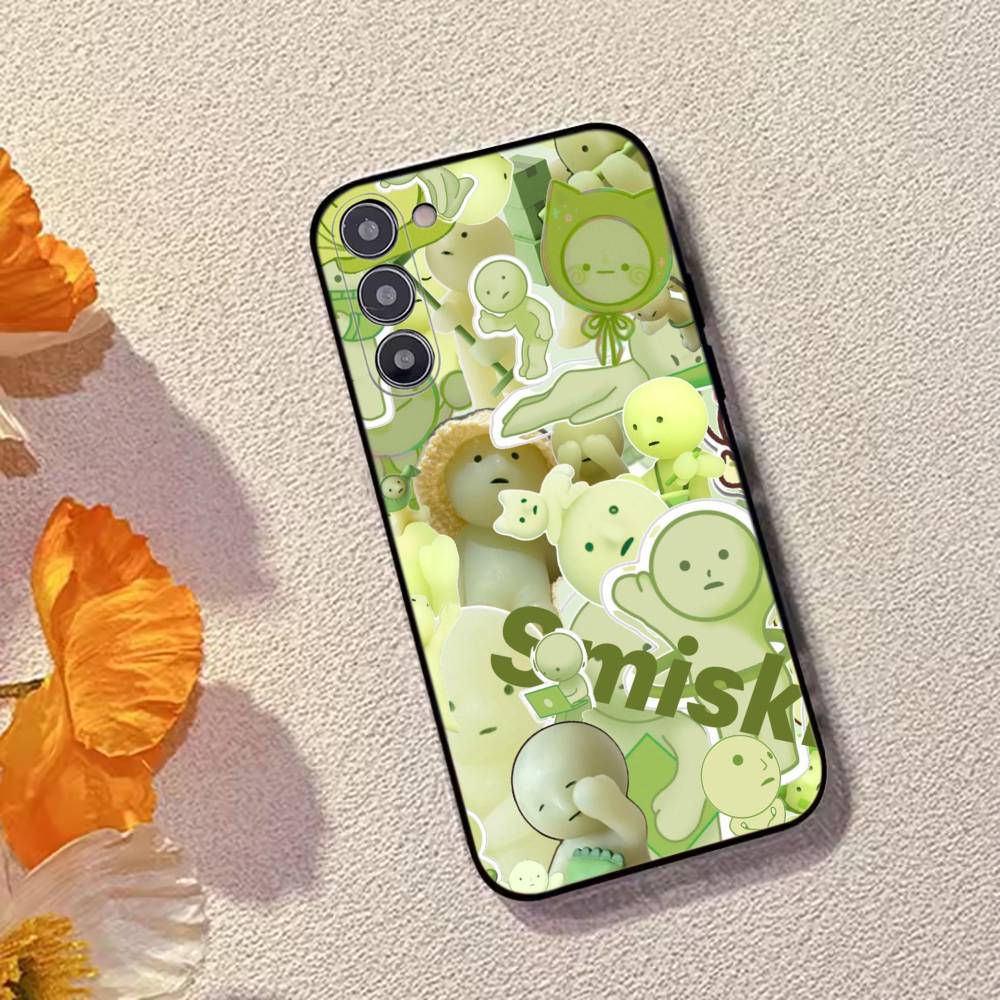 Cute S-Smiski Green Guy Phone Case For Samsung Galaxy A73,A72,A71,A70,A53,A52,A51,Soft Silicone Black Cover