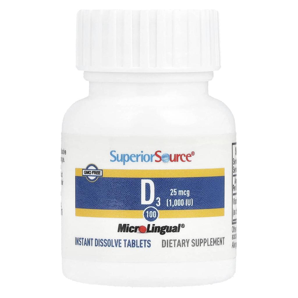Superior Source, D3, повышенная концентрация, 25 мкг (1000 МЕ), 100 таблеток MicroLingual® Instant-Dissolve