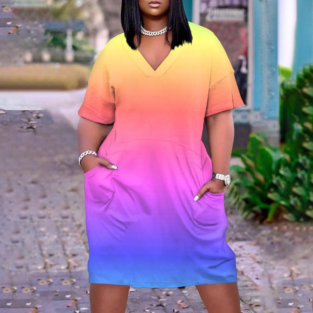 Лето плюс размер V-образным вырезом с коротким рукавом и карманом до колена с градиентным принтом повседневное платье для женщин