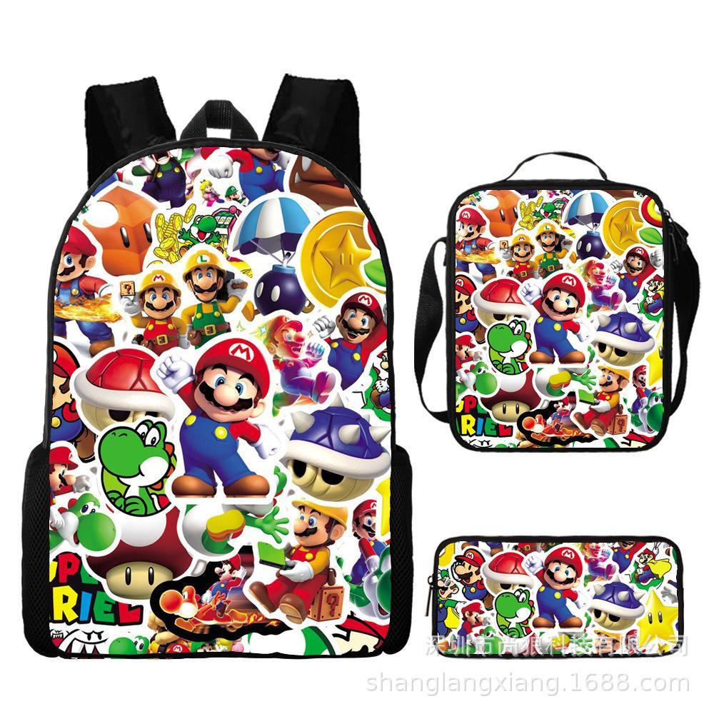 New Mario cartoon backpack, three-piece set for primary and secondary school students, school bag, backpack, shoulder bag, pencil case.