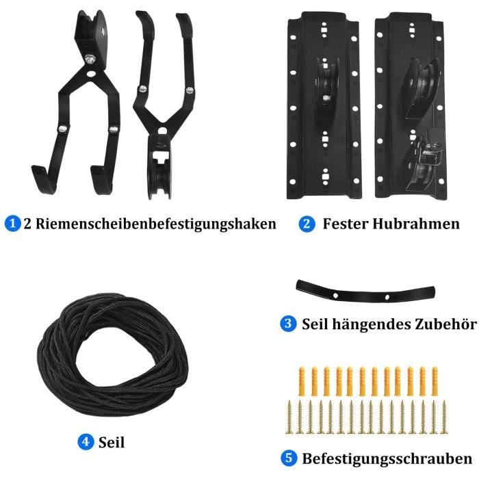Lift de vélo de plafond, palan mécanique pour vélo jusqu'à 20 kg, acier laminé et nylon, crochets caoutchoutés