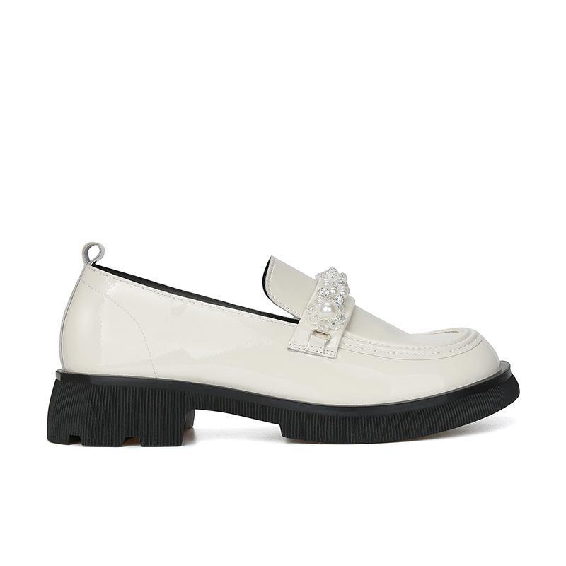 Женские мокасины ручной работы из натуральной кожи с кристаллами и пряжкой 2024 года — толстый каблук и подошва