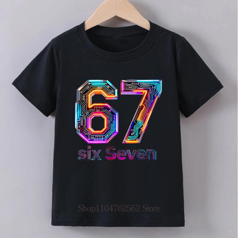 Детская одежда Футболка с принтом Six Seven Летняя для девочек и мальчиков Панк Повседневная Модная Майка Детская Цветная Футболка с круглым вырезом и коротким рукавом