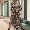 Autumn Women's Retro Printed Dress Temperament Elegant V-Neck Dress