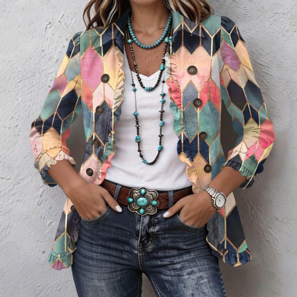 Women's Casual Floral Print Long Sleeve Ruffle Button-Down Shirt Jacket for Spring and Fall