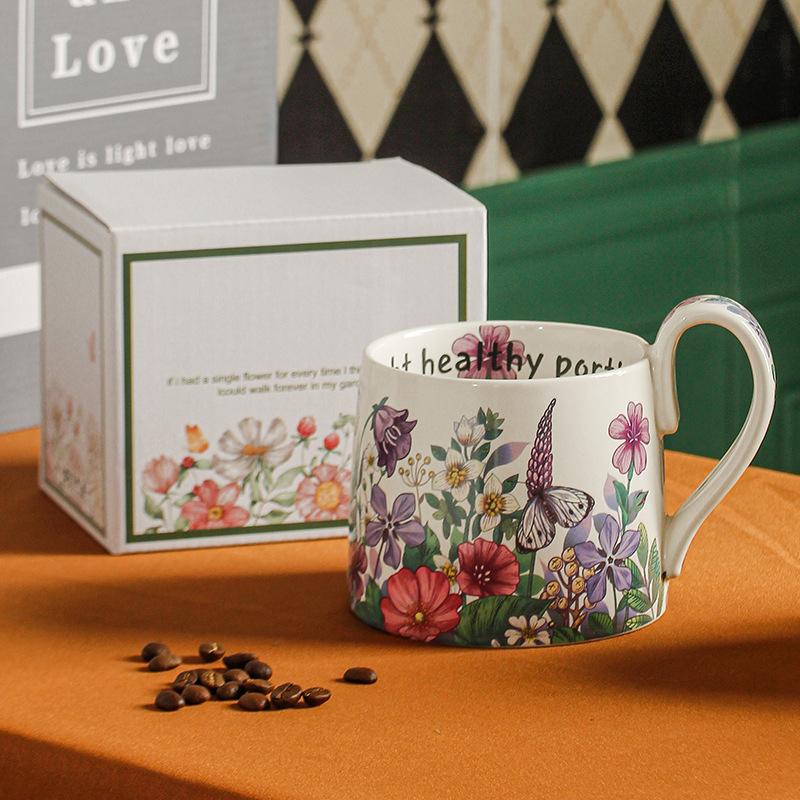 Hand Painted Cartoon Flower Large Capacity Mug Ceramic Cup High Value Coffee Cup Water Cup