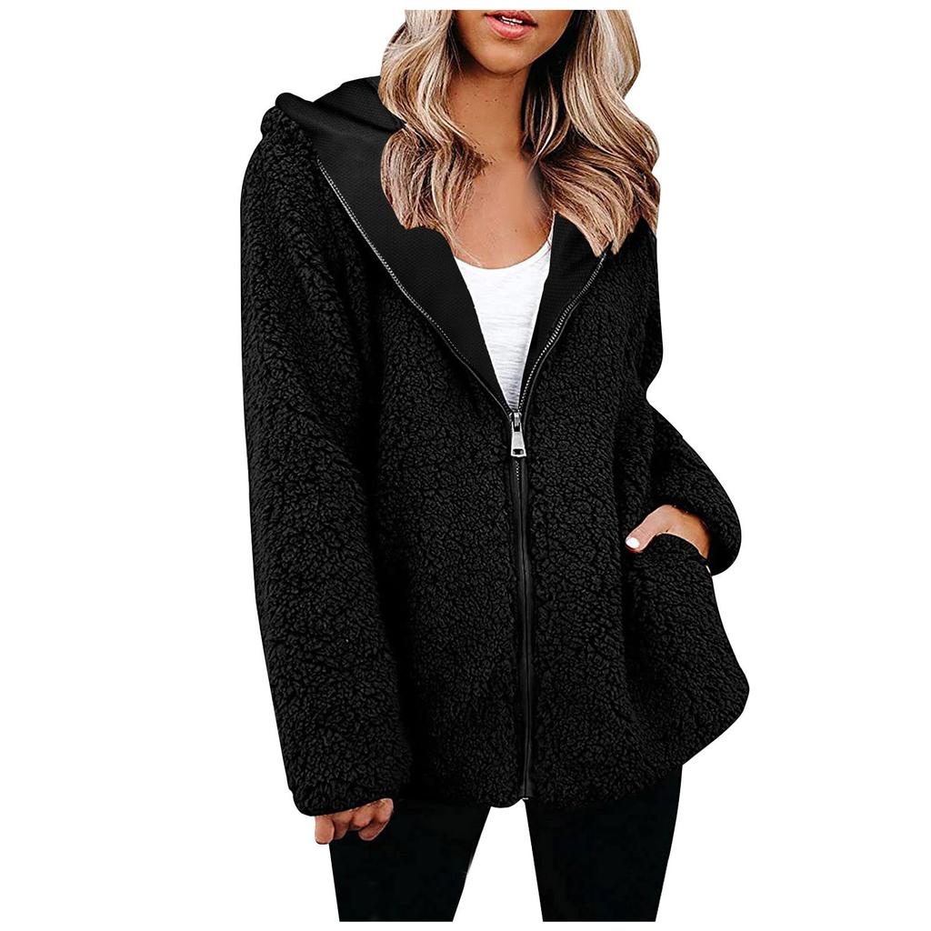 Женская однотонная плюшевая толстовка с капюшоном и длинным рукавом на молнии, верхняя одежда