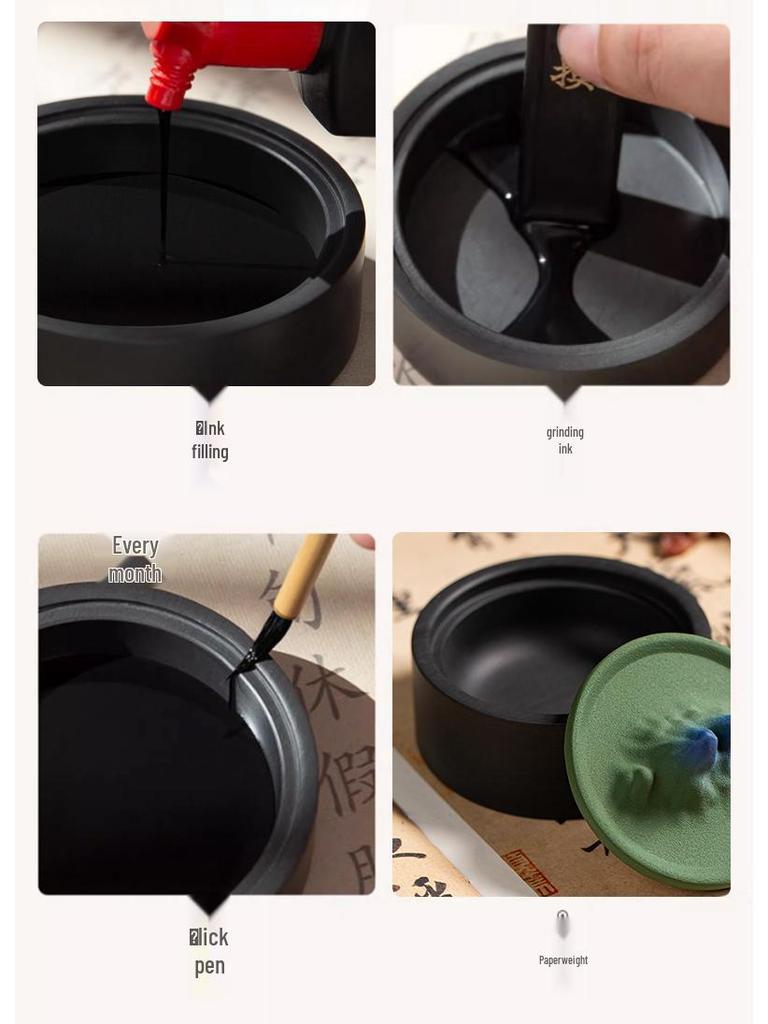 Non-Drying Inkstone: Ceramic Moisturizing Ink Dish with Lid, Multifunctional Ink Grinder and Pen Rest.