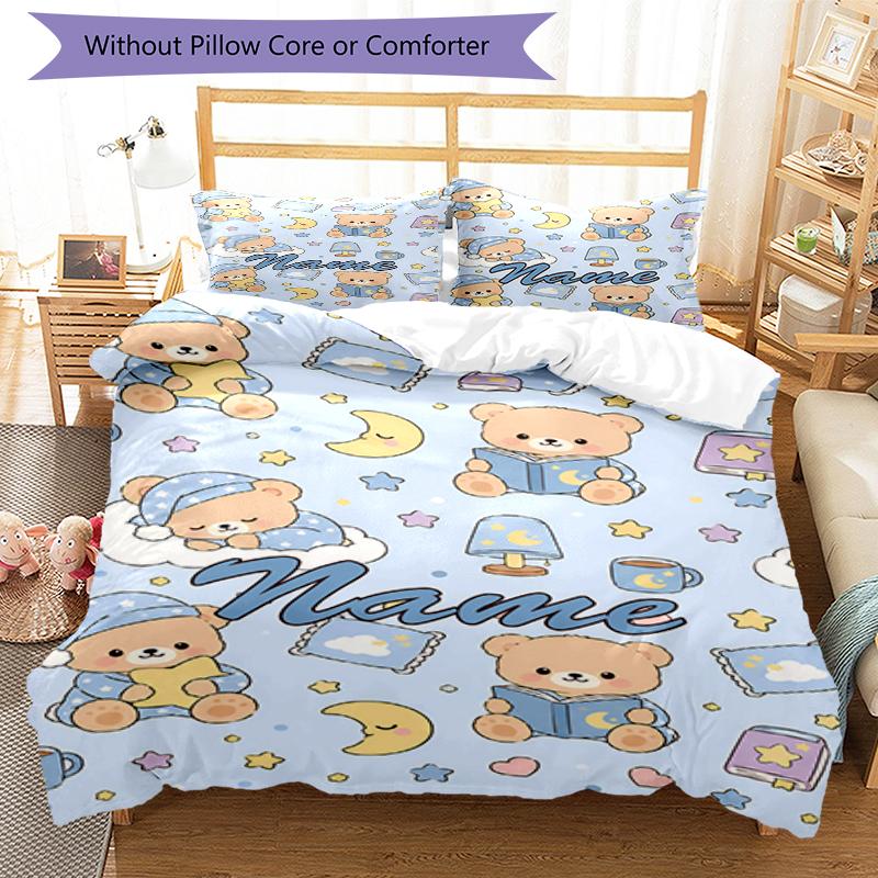 3pcs Custom Name Bear Bedding Set Duvet Cover Closure Includes 1 Duvet Cover & 2 Pillowcases, Soft and Comfortable for All Seasons.