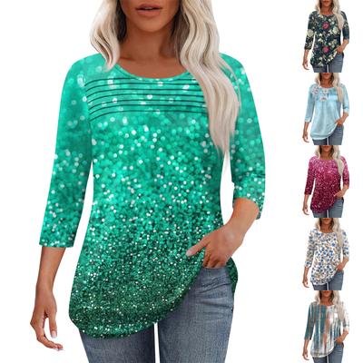 Женская мода круглый вырез горловины плиссированная передняя планка топ рукав 3/4