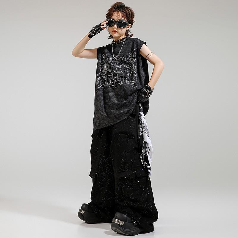Kids Hip Hop Performance Outfit Set Boys Girls Sleeveless Rhinestone Vest Pants Street Dance Costume