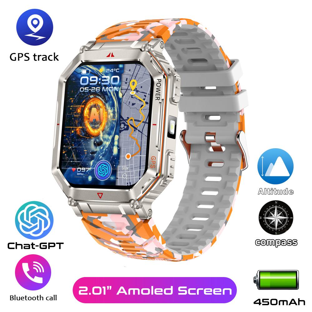 Новые умные часы Ai ChatGPT GPS для мужчин 450 мАч, Bluetooth-звонки, IP68 водонепроницаемые, уличный светодиодный фонарик, компас, спортивные умные часы 2026