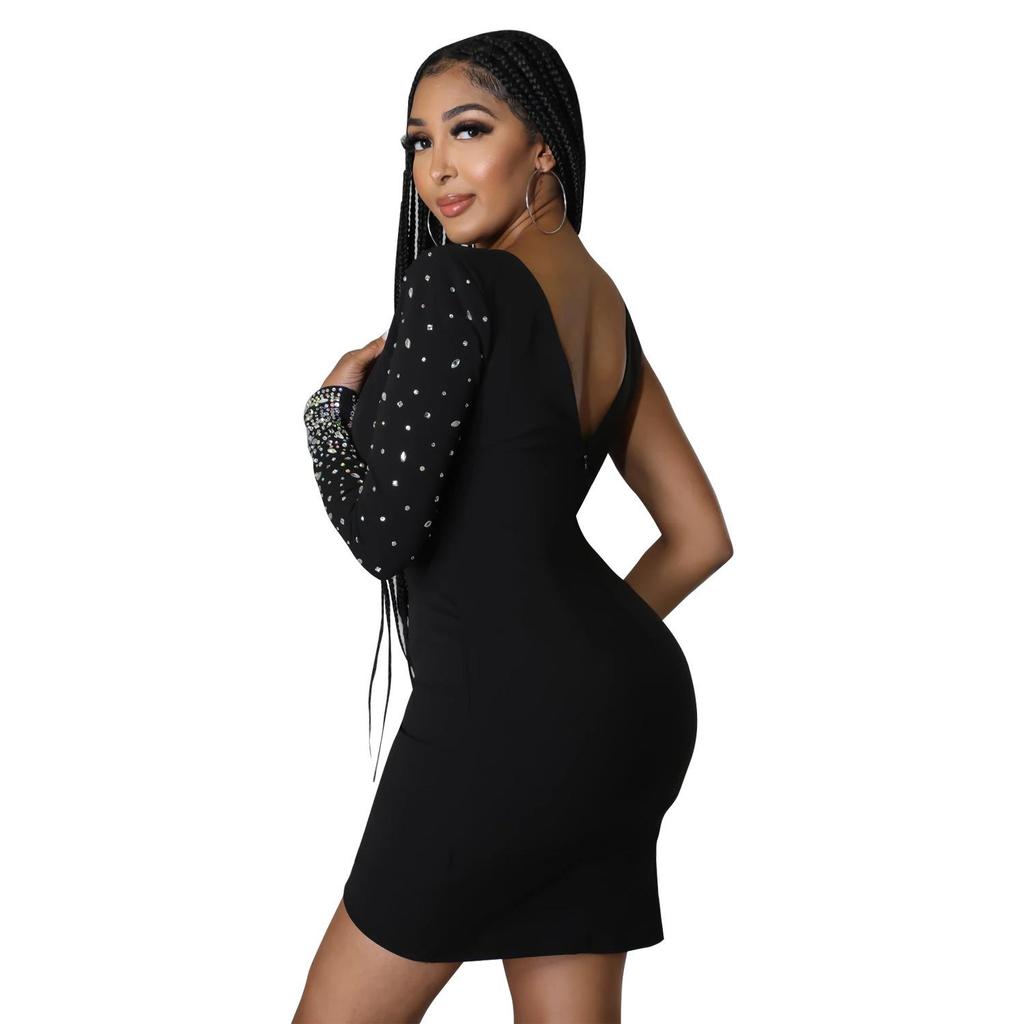 OS6768 European & American Women's One-Shoulder Sexy Diamond Dress