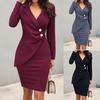 OhBaby Women's Lapel Bodycon Button Long Sleeve Slim Fit Business Suit Midi Dress Blazer