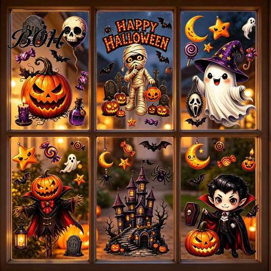 Halloween Party Supplies Static Window Clings, Pumpkin Ghost Mummy Vampire Cartoon Decals, Cute Decor Self-Adhesive Clings for Glass Door Mirror Shop