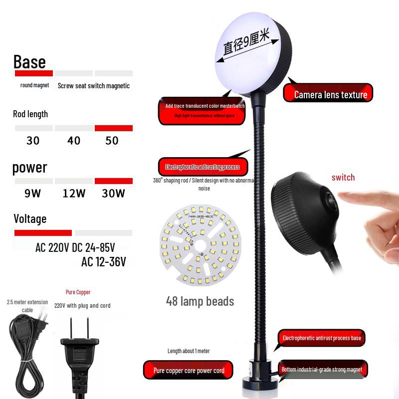 220V LED Work Light with Magnetic Base for Lathe, Punch Press, Injection Molding, and 24V Equipment