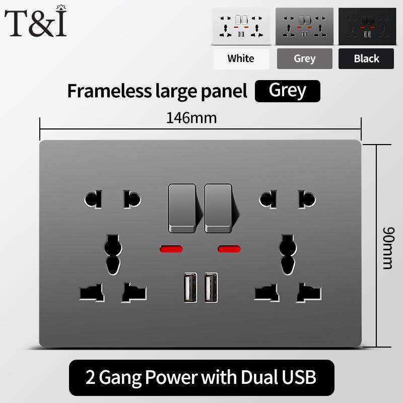 Универсальная настенная розетка с USB-C, USB-зарядным устройством и выключателями - 2-местная розетка с LED-индикатором, для скрытого монтажа, AC 110-250V