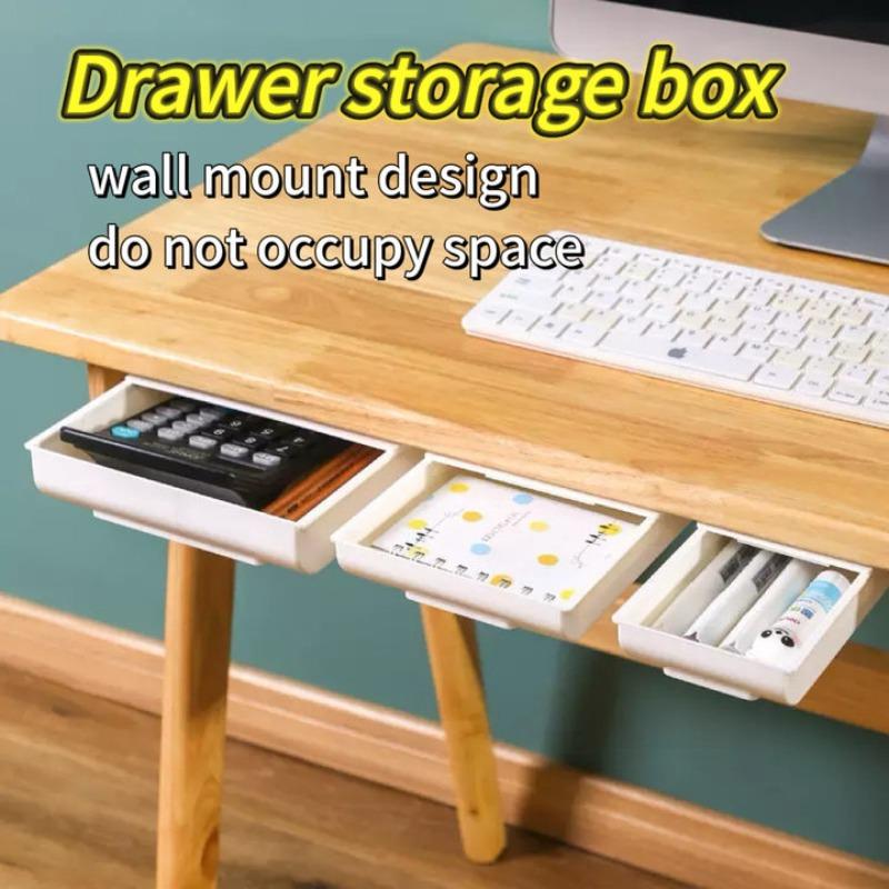 Under Desk Storage Box Invisible Self-Adhesive Type Tray Hidden Table Under Storage Drawers for Pencil Makeup Pen Stationery Box