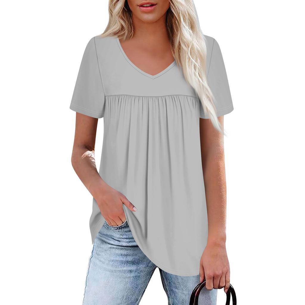 Women's Casual V-Neck Short Sleeve Chest Ruffle Solid Color Top