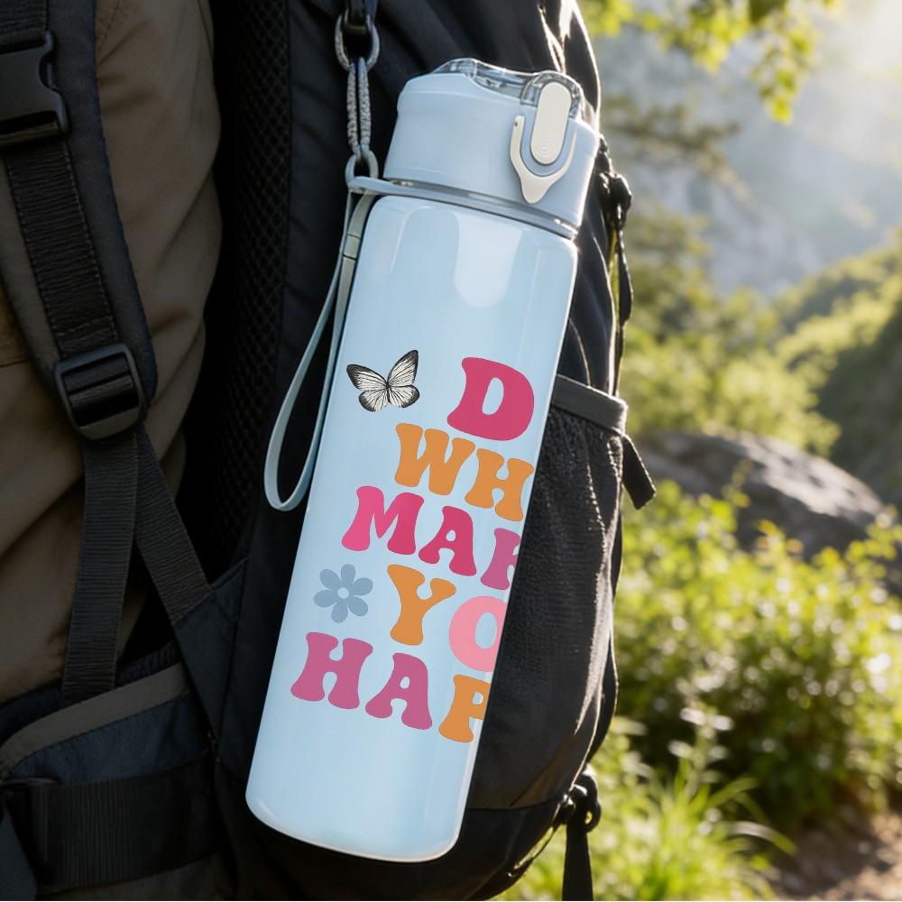 1PC Do What Makes You Happy Color Text 750ml Color Plastic Sports Water Bottle Leakproof Flip Straw Lid Suitable for Sports Office Home Use