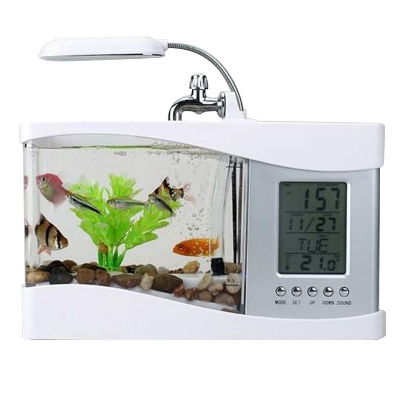 Fish Tank Mini Aquarium Beta Self Cleaning With LED Light LCD Display Screen And Clock Fish Tank For Office Home Decoration