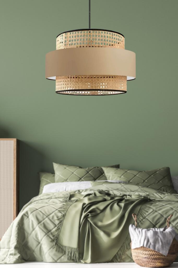 Bohemian Trio Metal Frame Real Rattan and Coffee Fabric Living Room Chandelier Three-Layer Cake Bedroom Pendant Lamp