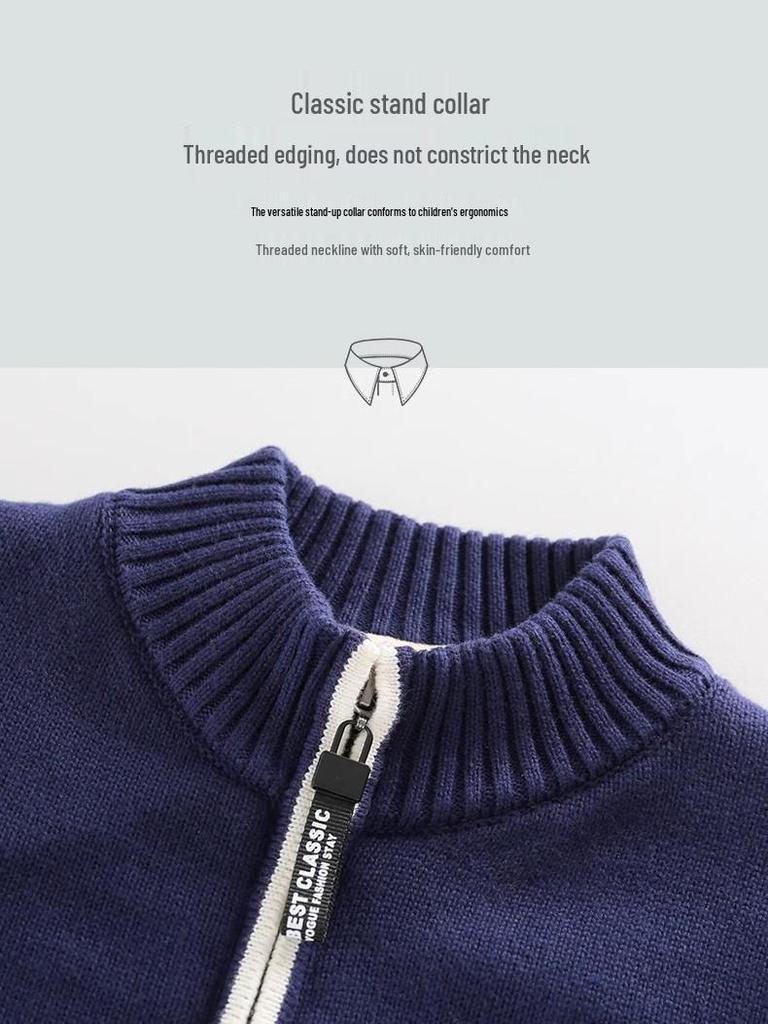 Красный вязаный кардиган на молнии для мальчиков: На флисовой подкладке, из чистого хлопка, толстый шерстяной для осени/зимы