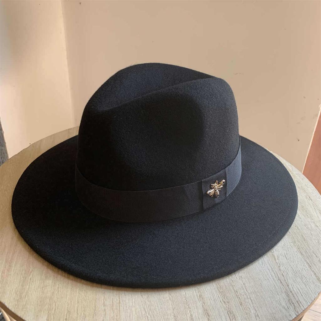 New French Wool Topper Hat with Big Brim Showing Face for Women's Little Bee British Style Versatile Jazz Hat