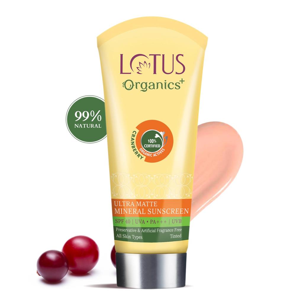 Lotus Organics+ Ультраматовый минеральный солнцезащитный крем | SPF 40 PA+++ | 100% сертифицированная органическая клюква | Водостойкий и устойчивый к поту | Для жирной, сухой, нормальной кожи