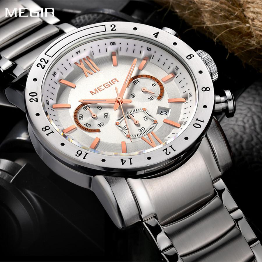 Megir Original Quartz Men Watch Stainless Steel Business Wrist Watches Clock Men Big Dial Waterproof Luminous Relogio Masculino