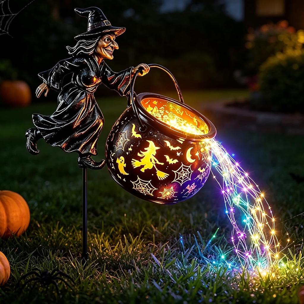 Halloween Witch Cauldron Garden LED Projector Light Colorful Waterfall-Style Light Flow Flying Witch Garden Stake for Yard Lawn Patio