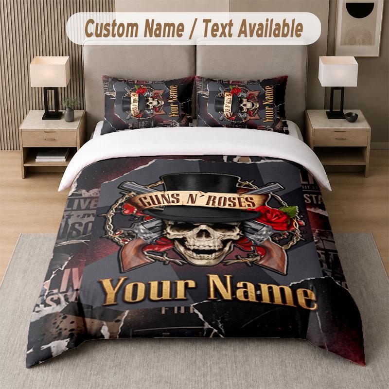 Custom Bedding Set Guns N’ Roses Pattern, Print Name Text 1 Duvet Cover plus 2 Pillowcases Home Textile