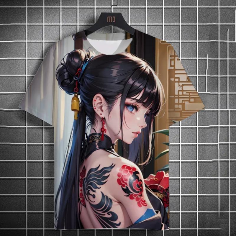 Men's T-shirt 3D Printed Anime Goddess Back Tattoo Print T-shirt Casual Loose Short Sleeved T-shirt Men's Home Clothing Top