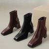 Fashion Block Heel Single Boots Women's Fashion Square Toe Spliced Suede Rear Zipper Non-Slip Wear-Resistant Short-Thigh Heels