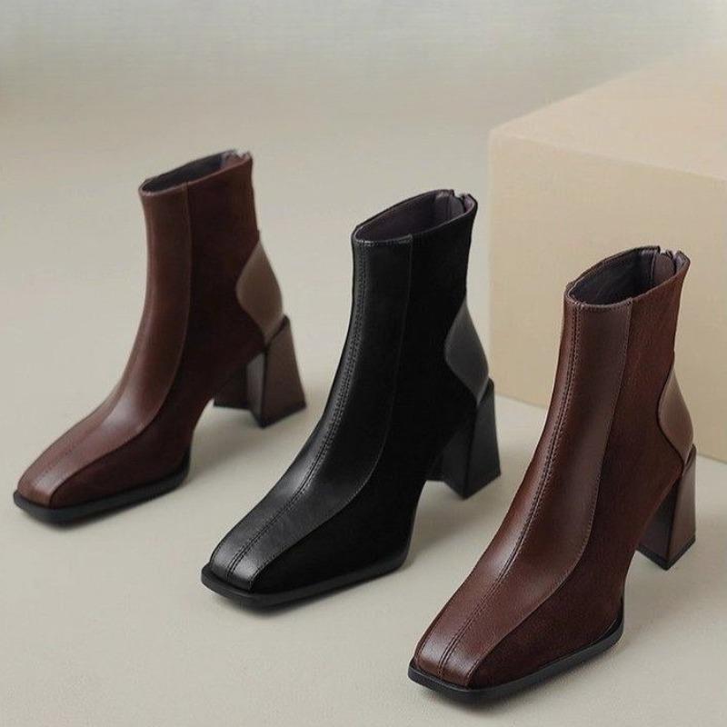 Block Heel Single Boots Women's Fashion Square Toe Spliced Suede Rear Zipper Non-Slip Wear-Resistant Short-Thigh Heels