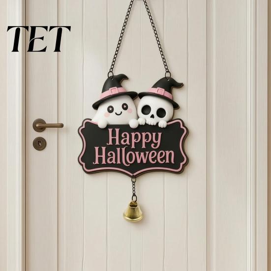 Decorative Skull Doorbell Halloween Cute Witch Hat Ghost Door Sign, Wooden Hanging Decoration, Pink Sign Pendants for Indoor Outdoor Home Wall