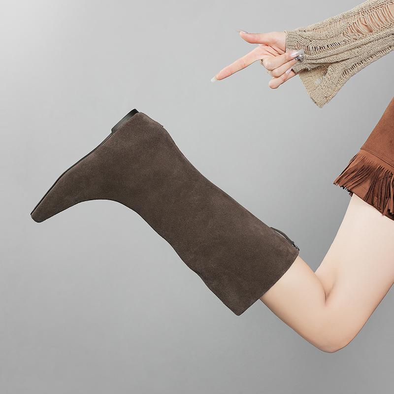 Мода 2025 Новые осенние сапоги до колена из коровьей замши Женская обувь Квадратный носок Слипоны Вестерн Современные сапоги Увеличение высоты Длинные сапоги