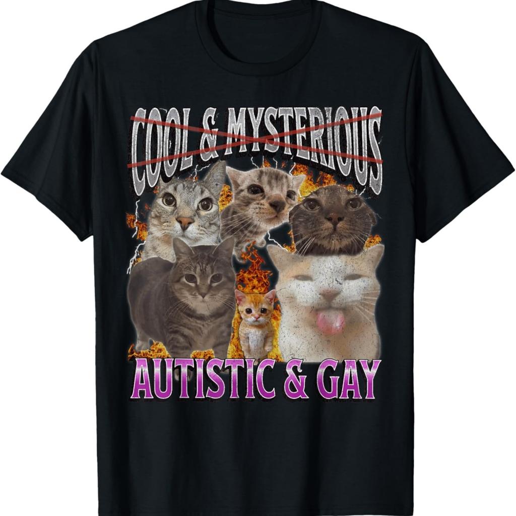 Autistic and Gay Funny Cat Meme Bootleg Graphic T-Shirt(1)