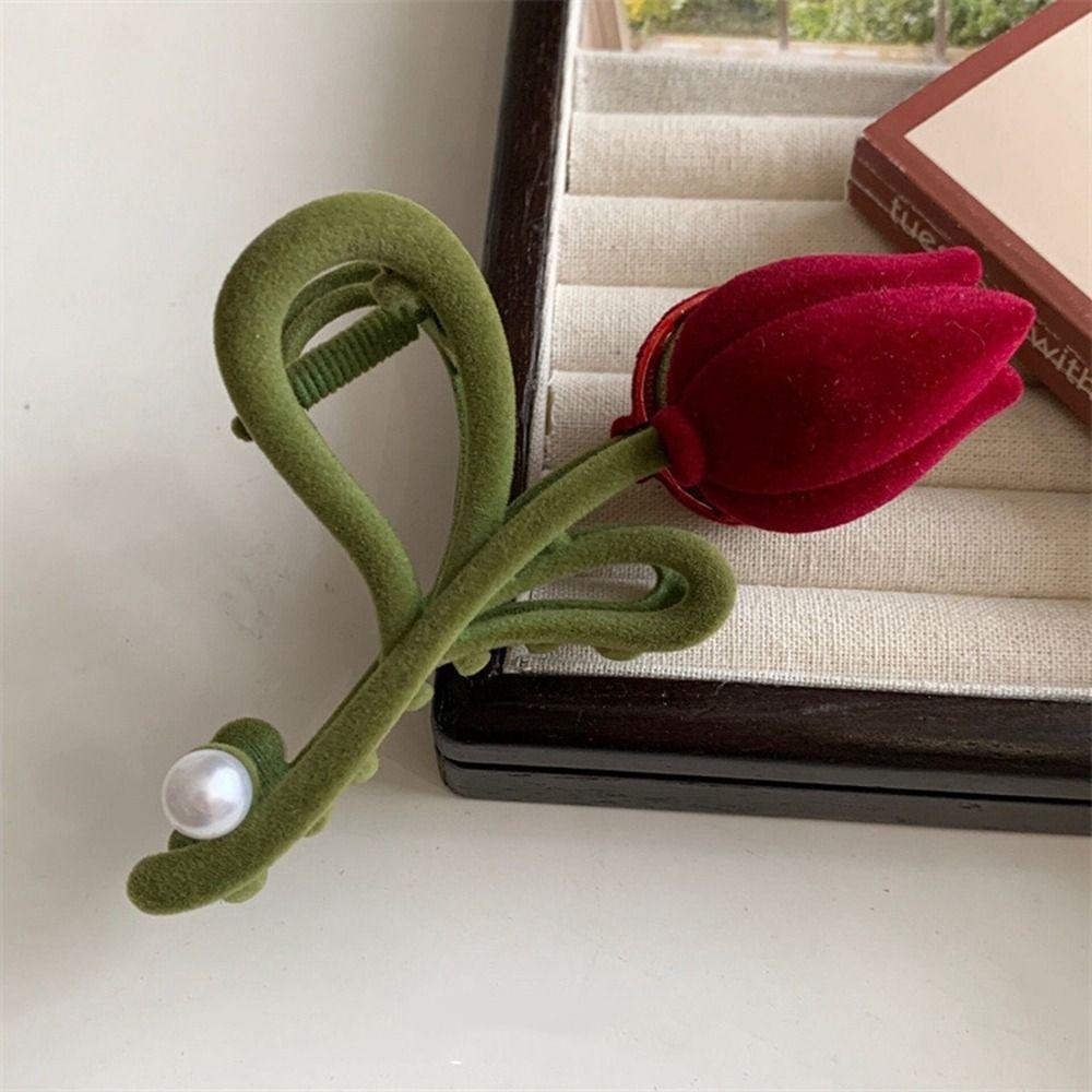 Clip Female Hair Accessories Red Velvet Hair Claw Korean Style Headwear Flocking Tulip Hair Clip